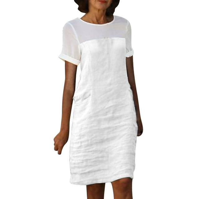 Robes en Lin pour Femmes Grande Taille Été Décontractées à Manches Courtes Robe T-Shirt Col Rond Plage Mi-Longue Blanche, m