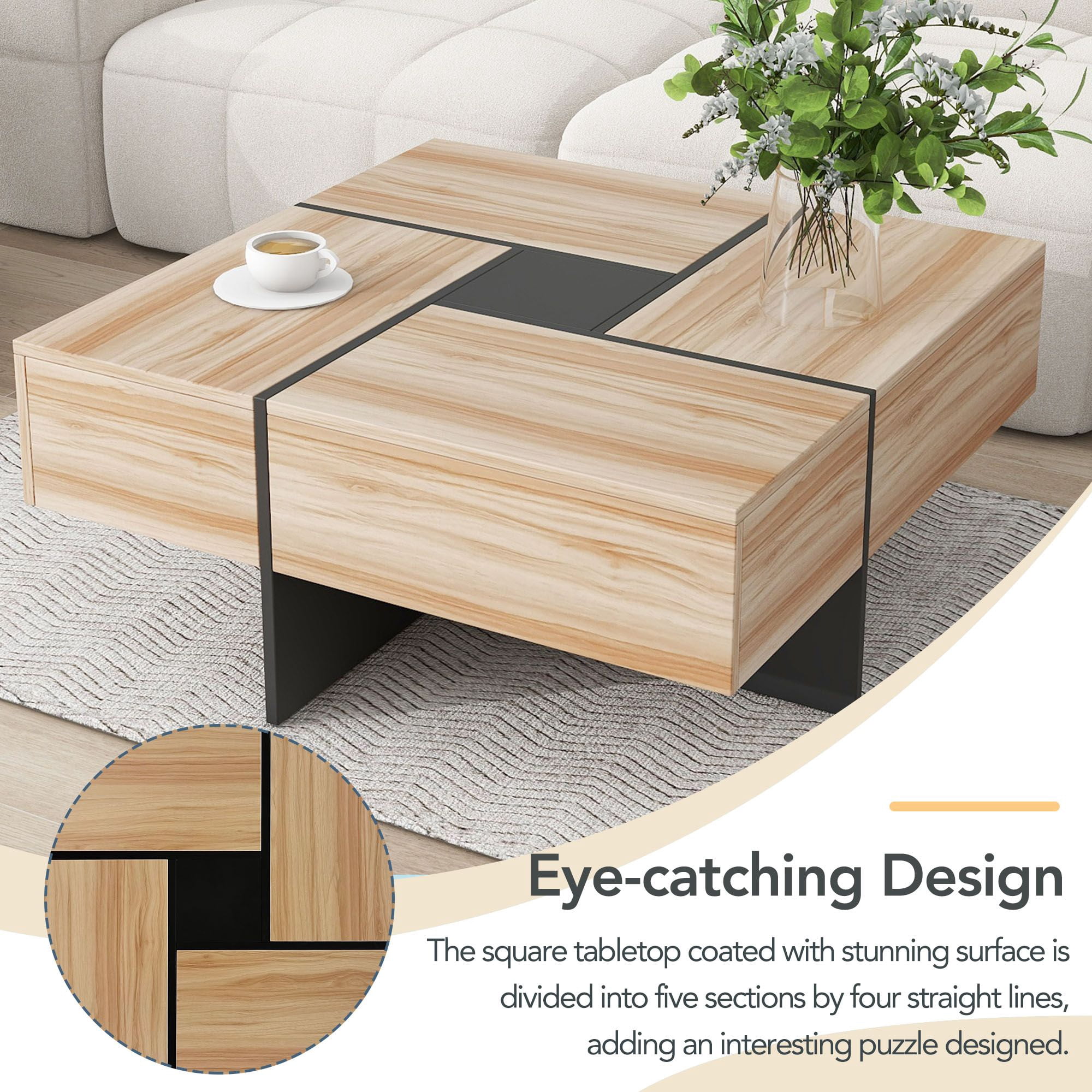 Momspeace Modern Coffee Table with Extendable Sliding Tabletop and 4 Hidden Storage Drawers, UV High-gloss End Table for Living Room - Brown