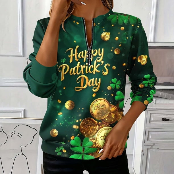 TaTaai Women's St. Patrick's Day Print Long Sleeve Sweatshirt Fashion Loose Round Neck Casual Top Soft Comfortable for Daily Home Office Streetwear Spring Fall Winter Gift