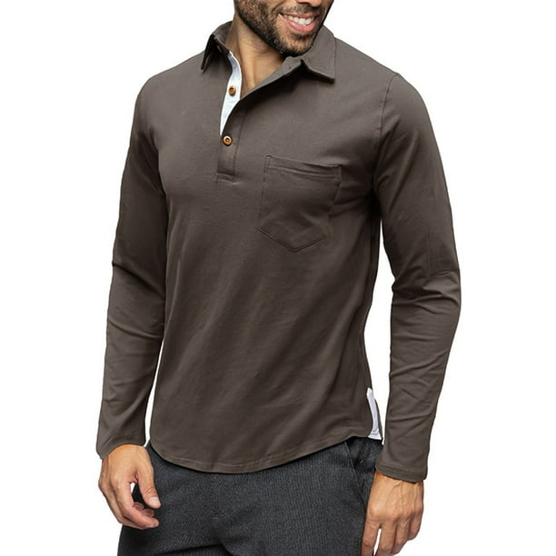 pstuiky Camisas para hombre de manga larga, Camiseta informal de manga larga para hombre, color liso, con solapa, estilo retro. Tops de talla grande para hombre xxl
