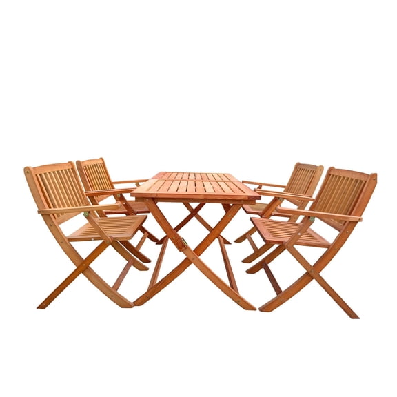 Foldable Patio Dining Set, 4 Folding Chairs & Table, Teak Outdoor Furniture