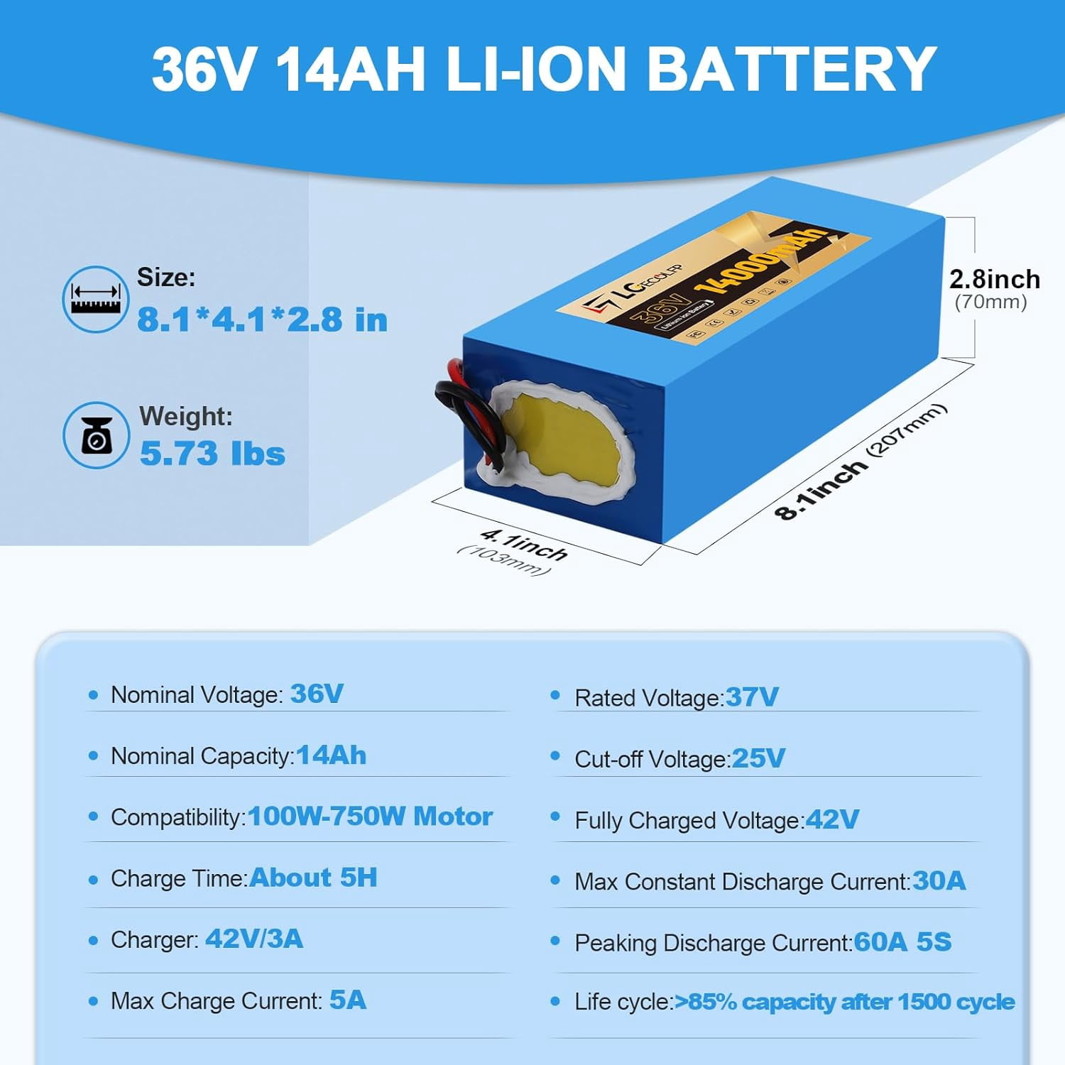 Ebike Battery 36V 16AH Lithium Battery Pack with 30A BMS for Electric Scooter Bicycles Motorcycle