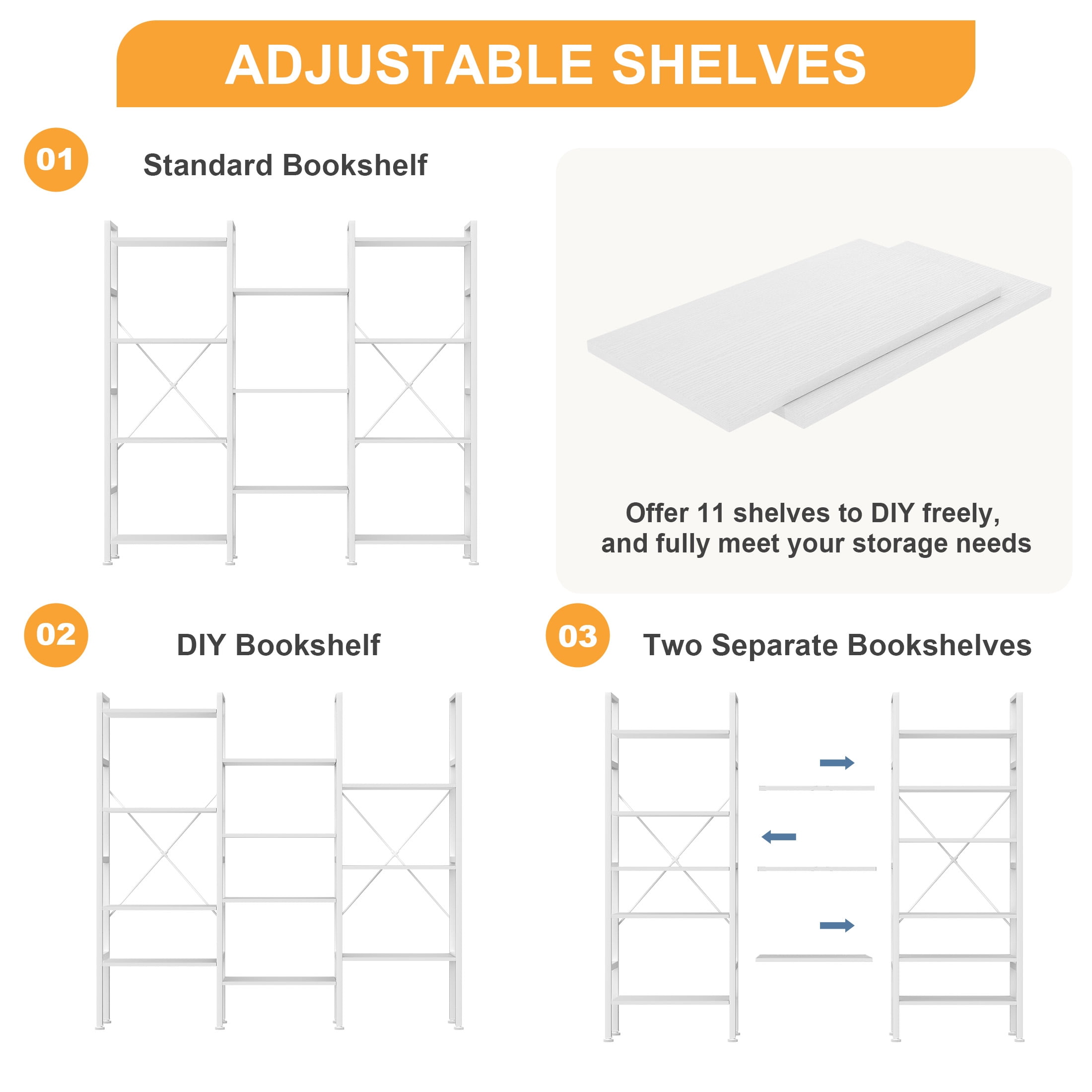 EDX Triple 4 Tier Bookshelf Storage Shelf, Modern Freestanding Bookcase with Metal Frame, Open Display Shelves, Space Saving Storage Organizer, White