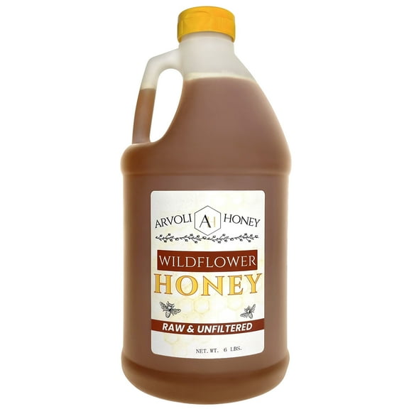 Raw & Unfiltered Wildflower Honey - 6 lbs - Half Gallon of Bulk Honey Jug by Arvoli Honey