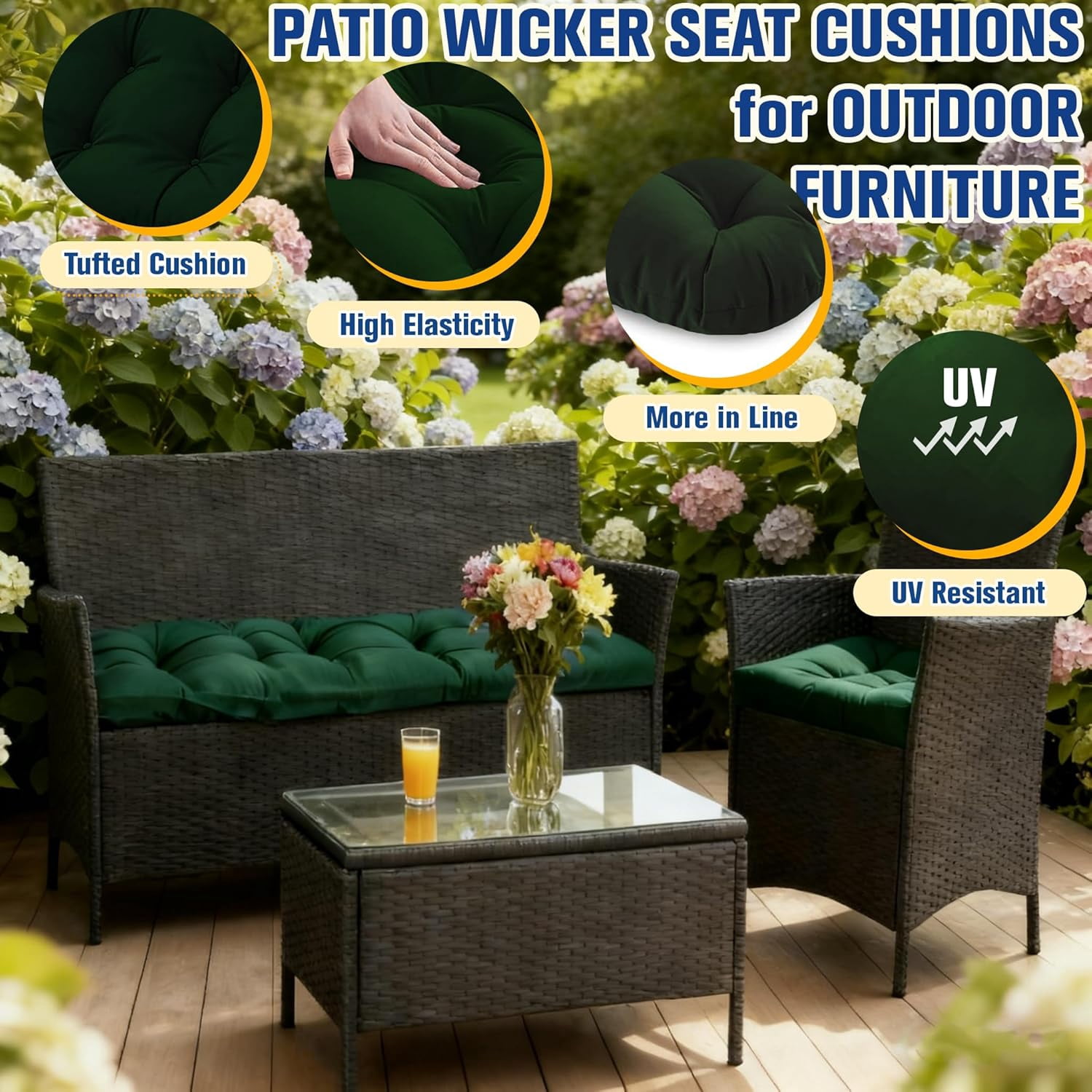 Wicker Chair Cushions Set of 3, Waterproof Outdoor Cushions Set for Patio Furniture, 1 Loveseat & 2 Seat Pads, Thick Outdoor Replacement Cushions for Porch Lawn Bench Couch Sofa, Emerald