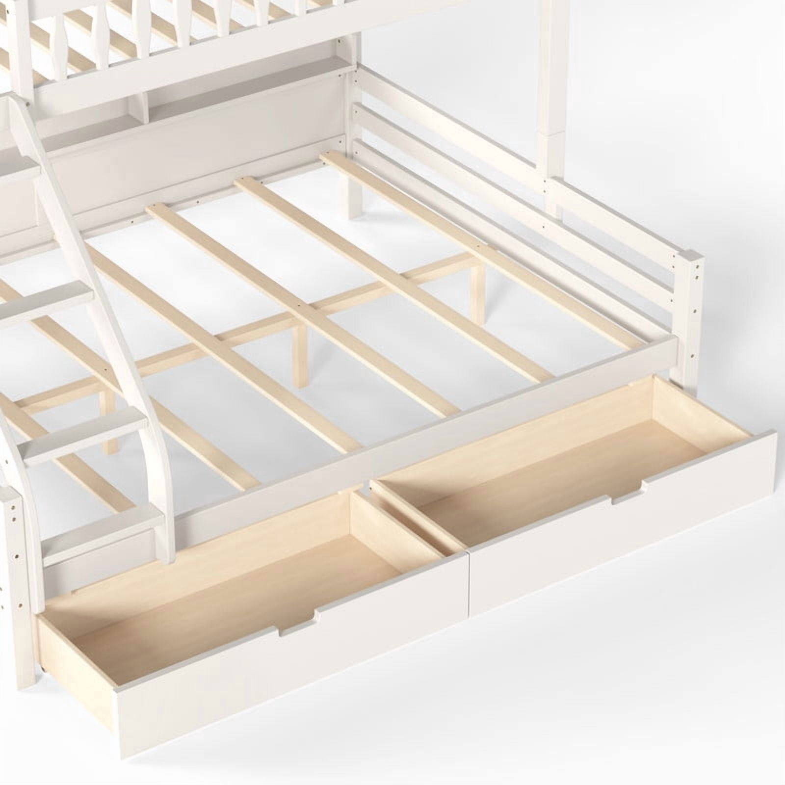 Twin XL-Over-Queen Wood Bunk Bed with Curved Guardrail & Ladder, Chic Kids Storage Bed Frame with Drawers & Bedside Shelves