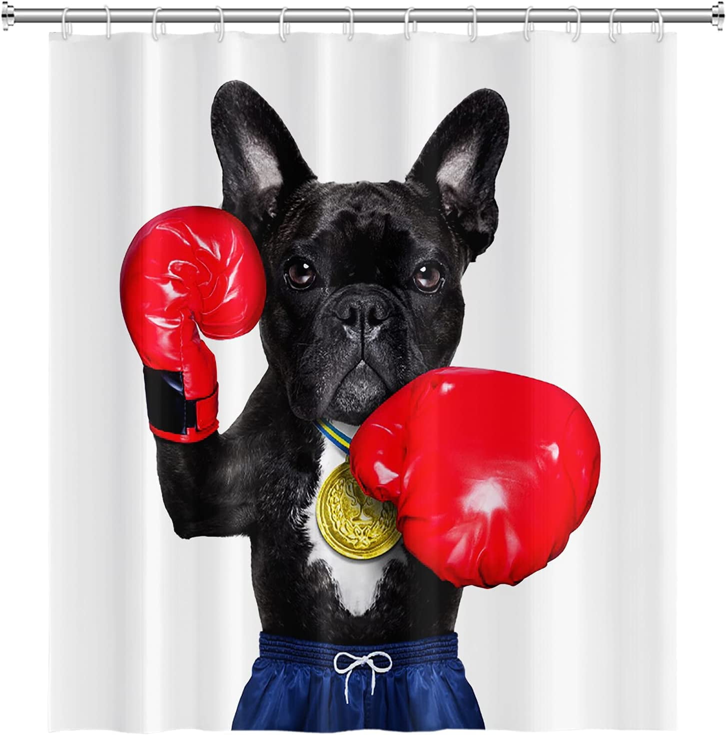 SPXUBZ 72x72 Inches French Bulldog Boxer Shower Curtain Red Boxing Glove Funny Animal Gold Medal