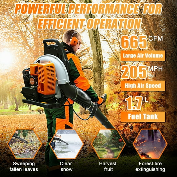 Professional Backpack Leaf Blower, 665CFM 63cc 2-Cycle Gas Powered, Multi-Purpose for Lawn, Yard Debris, and Light Snow - High Velocity Blower
