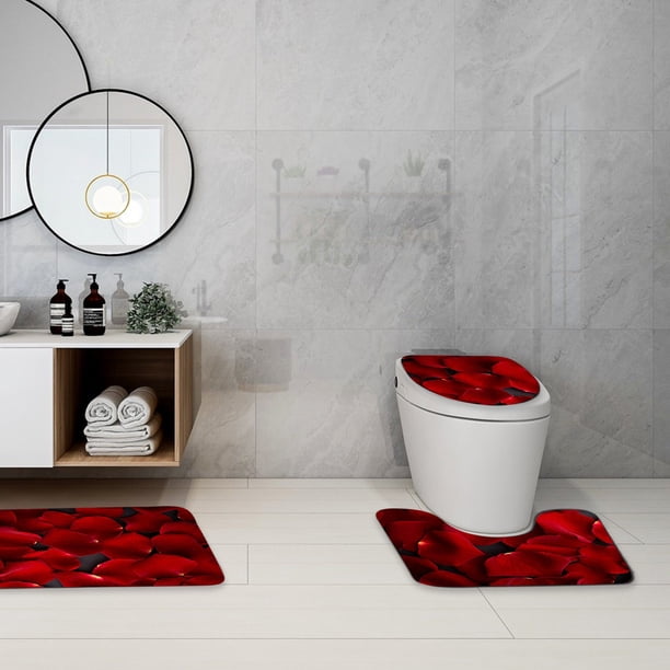 Set de alfombrillas de baño rojas para San Valentín - Alfombra antideslizante de 3 piezas, poliéster suave absorbente de agua, lavable a máquina, 45x75cm & 45x38cm & 35x45cm