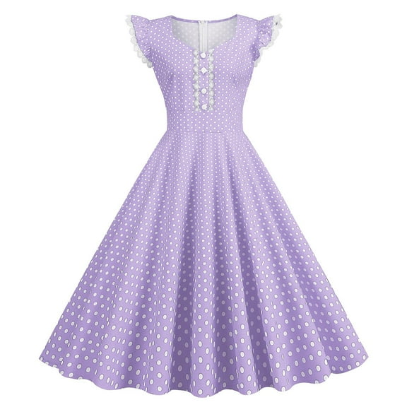 Brglopf 1950s Retro Rockabilly for Women Sleeveless Lace V-Neck Vintage Cocktail Party Dress Polka Dot A-Line Swing Tea Dresses Purple S