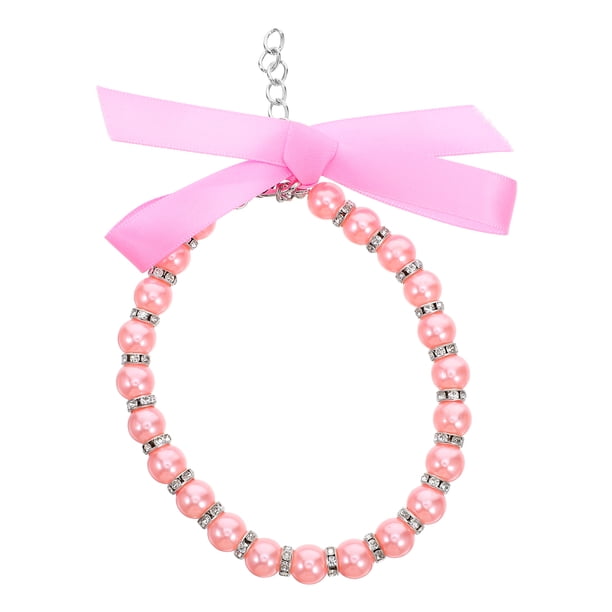 Collar de perlas de imitación para perros y gatos, con accesorios brillantes y lazo de cinta, joyería para cachorros, perras y gatas, color rosa