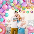 thumbnail image 4 of 81 piezas de decoración de fiesta de cumpleaños de donut, kit de guirnalda de globos de donut, suministros para fiestas de crecimiento, pancartas, confeti rosa, azul aguamarina, globos de látex para, 4 of 5