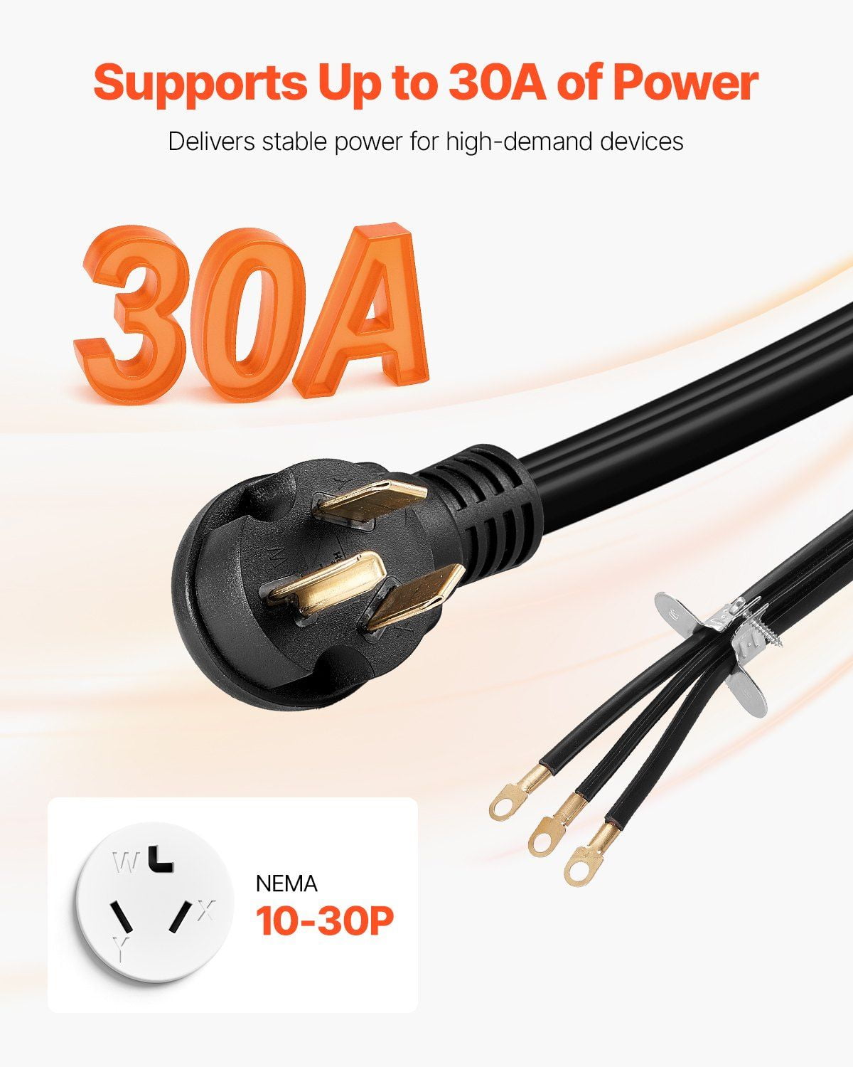 Zaverox 10FT 3-Prong Dryer Power Cord, NEMA 10-30P, 125V/250V, 10AWG/3C SDRT Pure Copper Cable with Eyelet Connectors & PVC Tie
