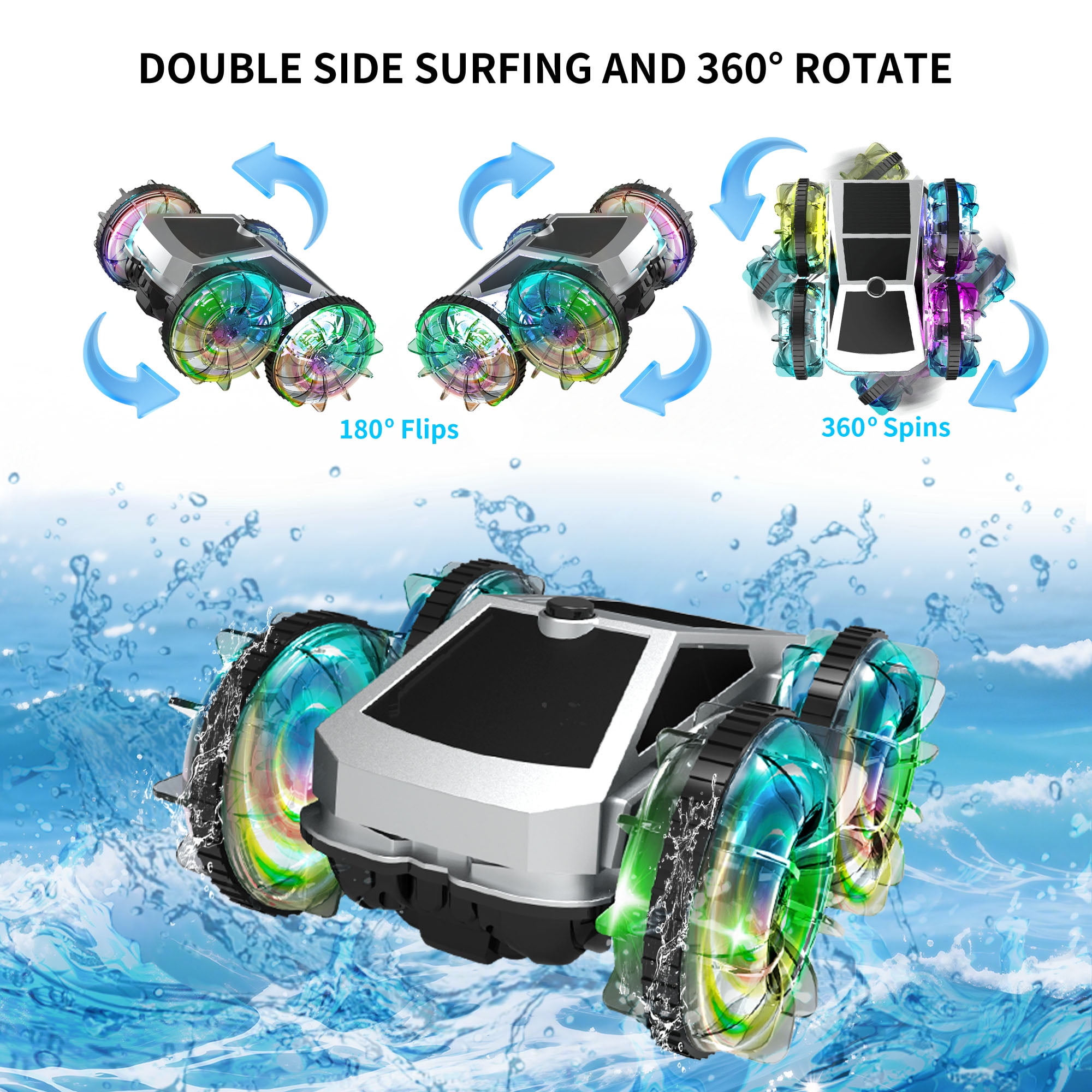 UUGEE Remote Control Car Car Toys for Boys, 2.4 GHz 4WD Amphibious RC Car Boat, 360°Rotation RC Truck Stunt Cars with LED Lights, Christmas Birthday Gifts for 8 9 10 Kids Girls