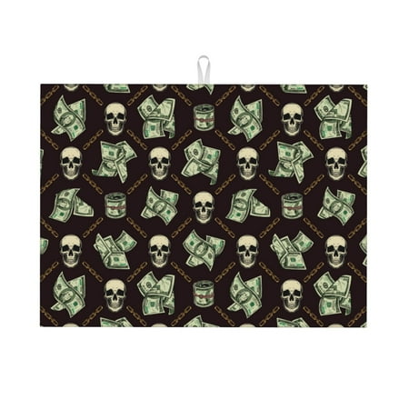 

Large Dish Drying Mats for Kitchen Counter - Skulls Gold Chains Dollar 18x24In Anti-Slip Absorbent Microfiber Drying Mat for Kitchen Counter Mat Dish Rack Mat with Hanging Loop
