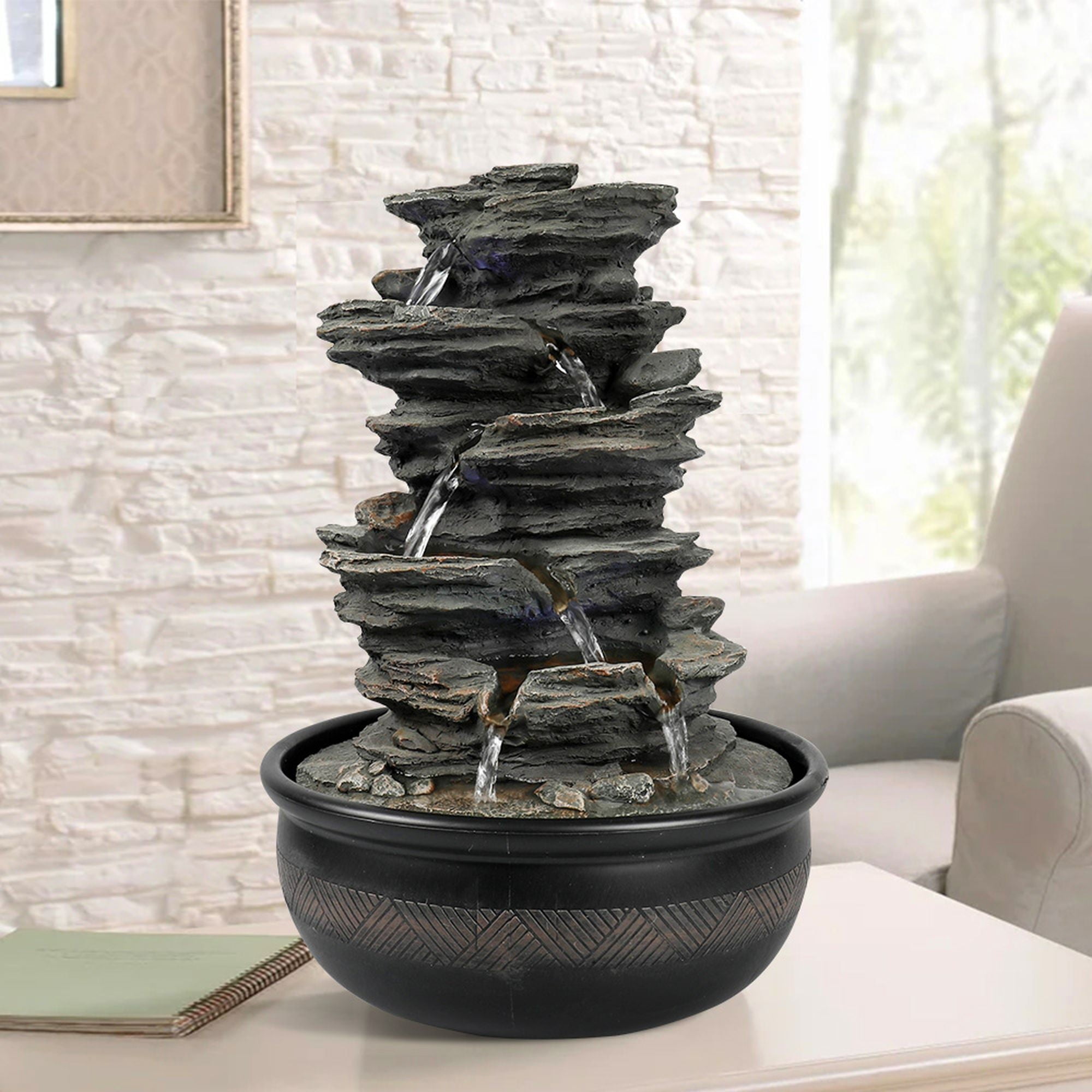 Willwolf Tabletop Water Fountain with LED Light, Indoor Rock Resin Fountain for Home Office