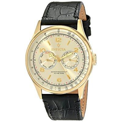 invicta men's 6750 vintage light gold tone dial black leather watch