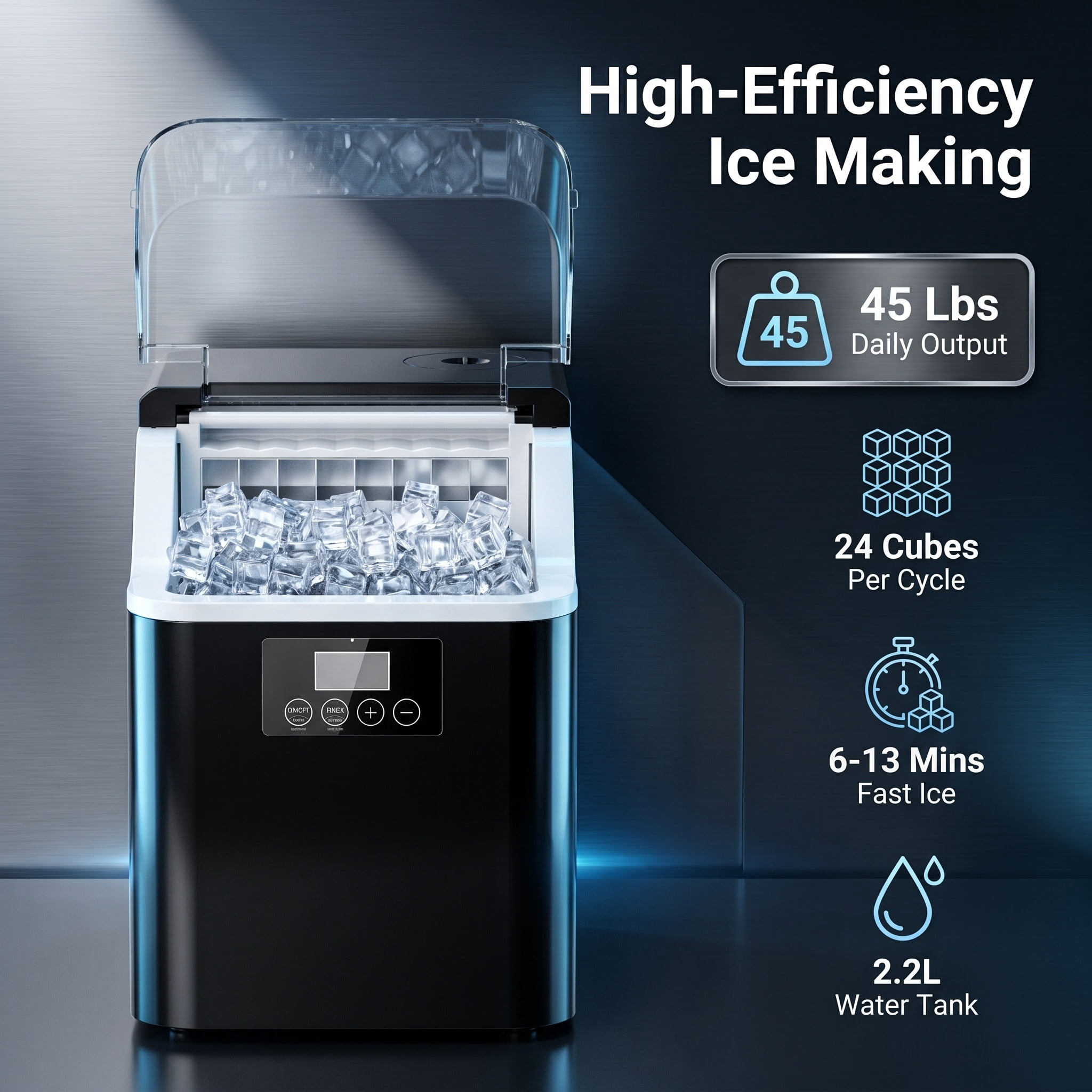 45lb Ice Cube Maker Machine Countertop, 45Lbs/24H 24 Pcs in 13 Mins, Self-Cleaning Portable Ice Maker for Home Kitchen,Bar
