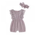 thumbnail image 1 of Baby Lace Little Flying Sleeve One-Piece Romper + Headscarf Female Baby Linen Back Button Lace Edge Romper  Two-Piece Set, 1 of 12