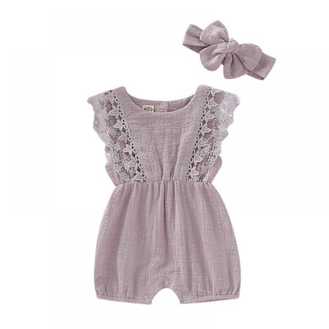 Baby Lace Little Flying Sleeve One-Piece Romper + Headscarf Female Baby Linen Back Button Lace Edge Romper Two-Piece Set
