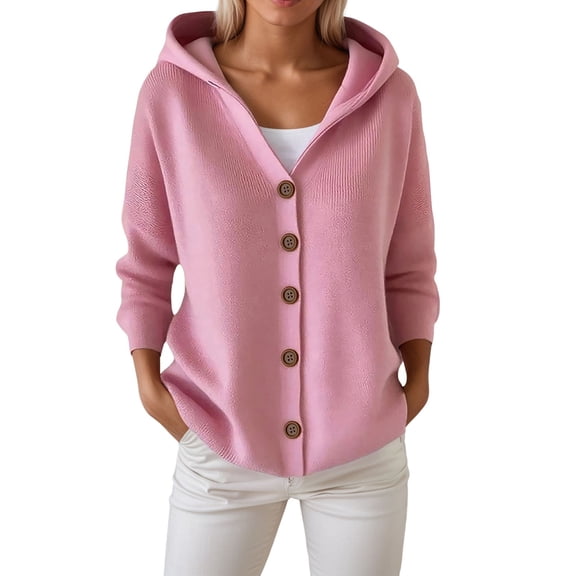 UJNDER Women's Knitted Hooded Cardigan Coat with Buttons for Casual Autumn and Winter Outfits and Fashion Pink L