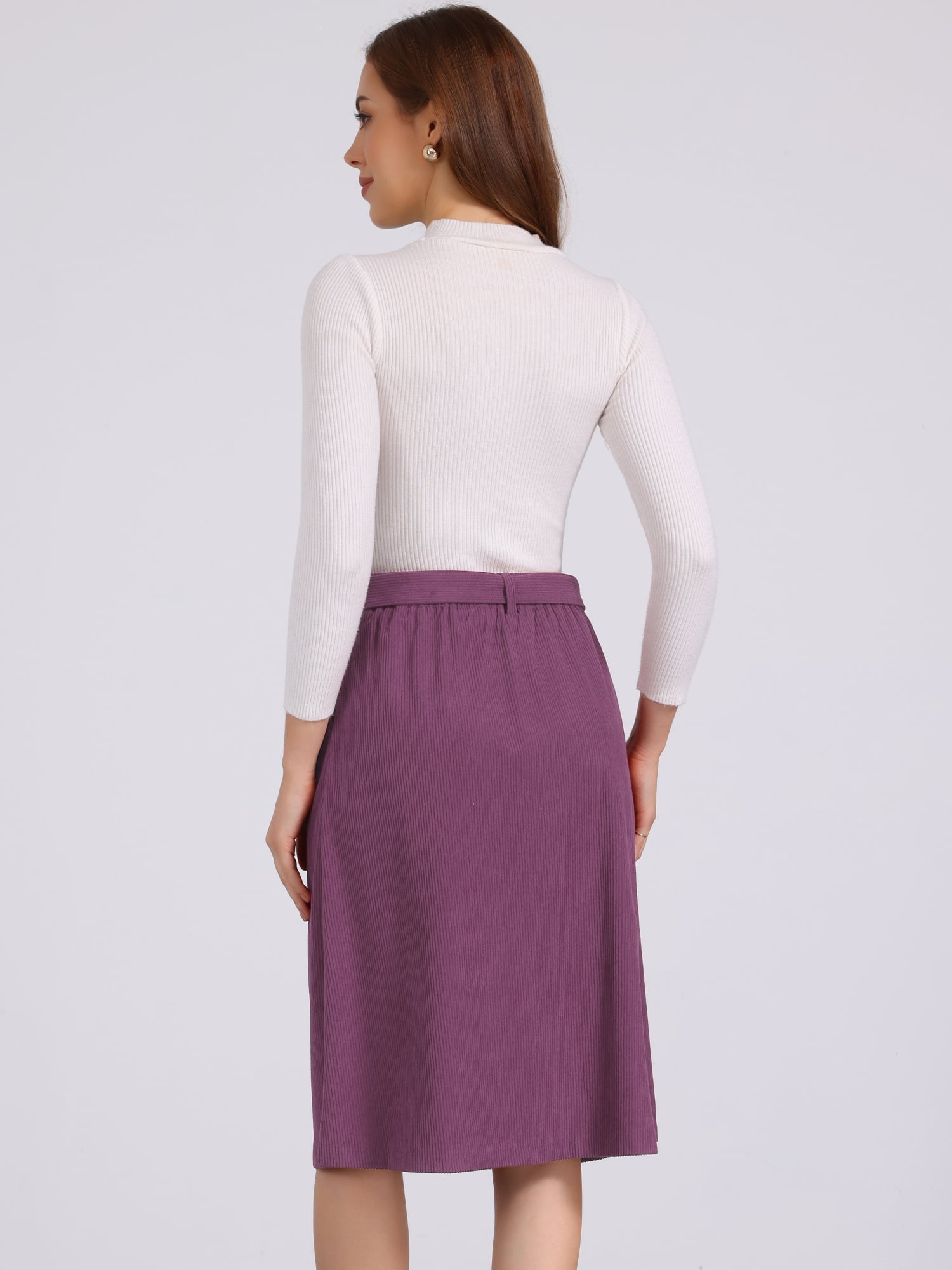 DARING DIVA Women's High Waist Button Front A-Line Belted Corduroy Skirt M Dark Purple