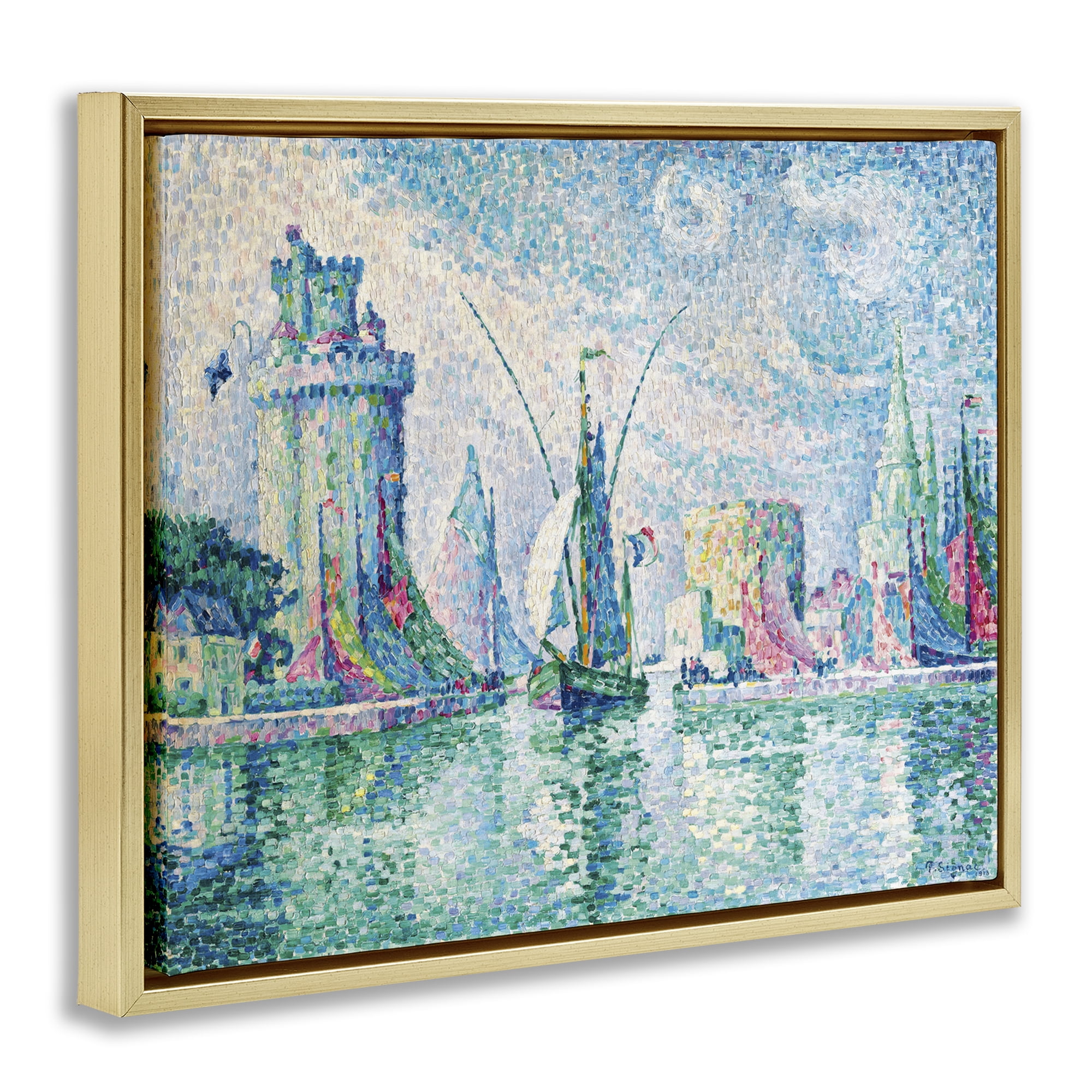 Stupell Industries La Rochelle Classical Signac Transportation Painting Gold Floater Framed Canvas Art Print Wall Art, 21 x 17