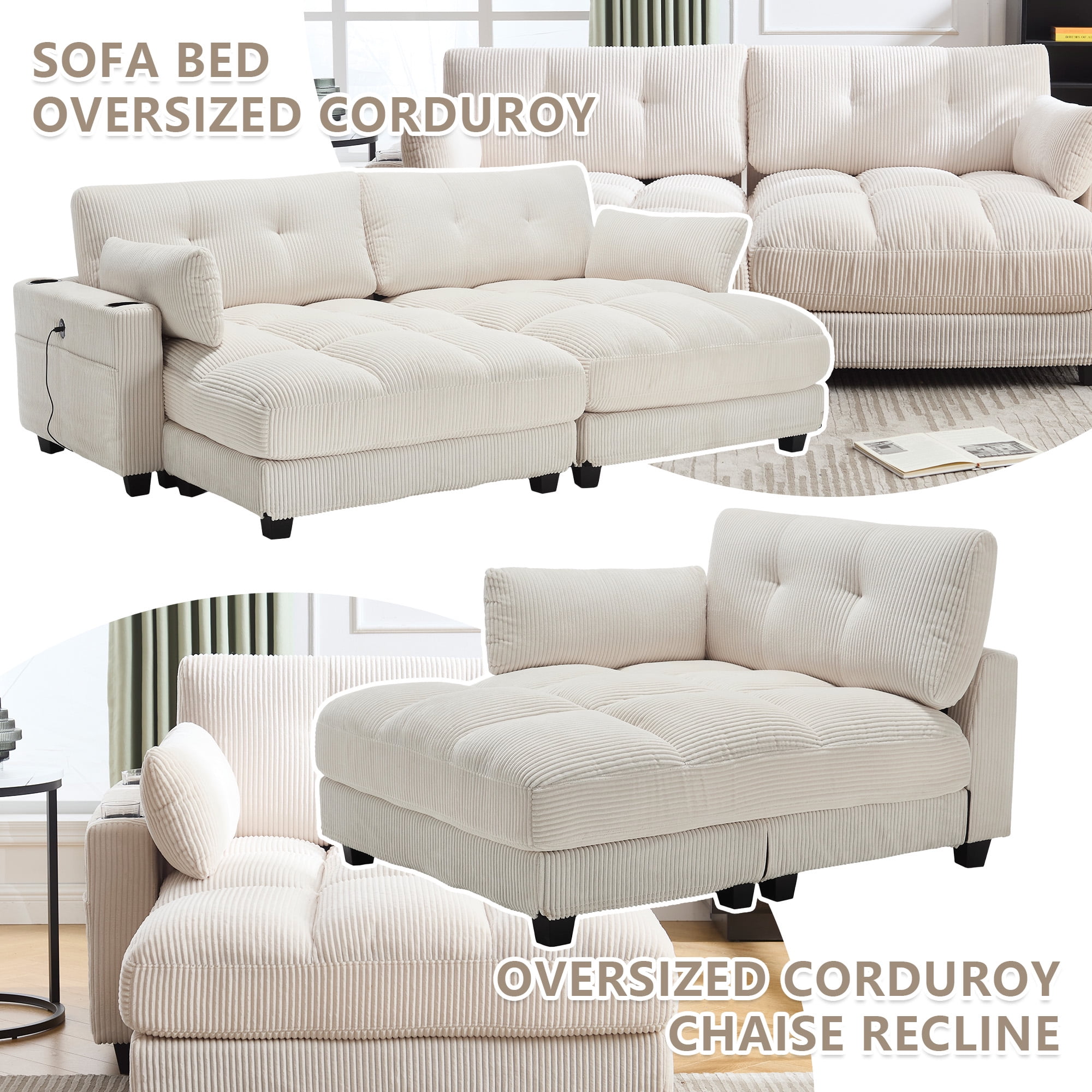 MOONMISS Corduroy Upholstered Soft Deep Seat Sleeper Loveseats Sofa with USB,Type-C&Cup Holders-Beige
