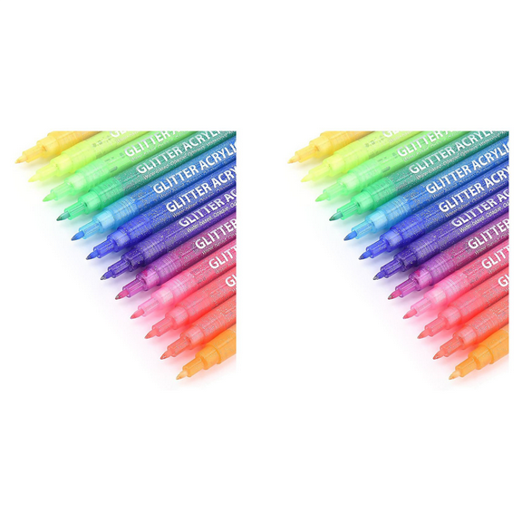 24x Glitter Paint Pens, 12 Colors Self-Outline Metallic Markers, Fine Point Tip Water-Based Ink DIY Crafts