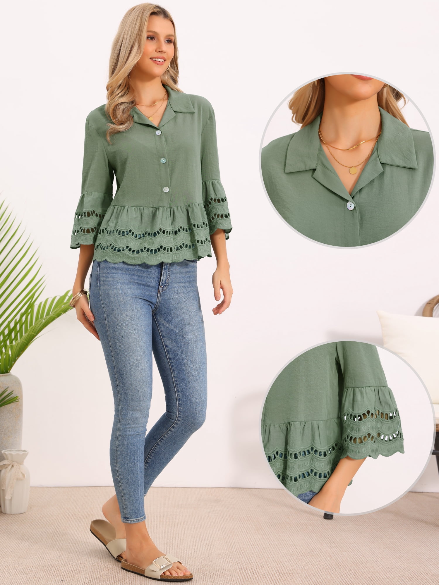 DARING DIVA Women's 3/4 Bell Sleeve Tops Ruffle Hem Button Down Eyelet Blouse L Green