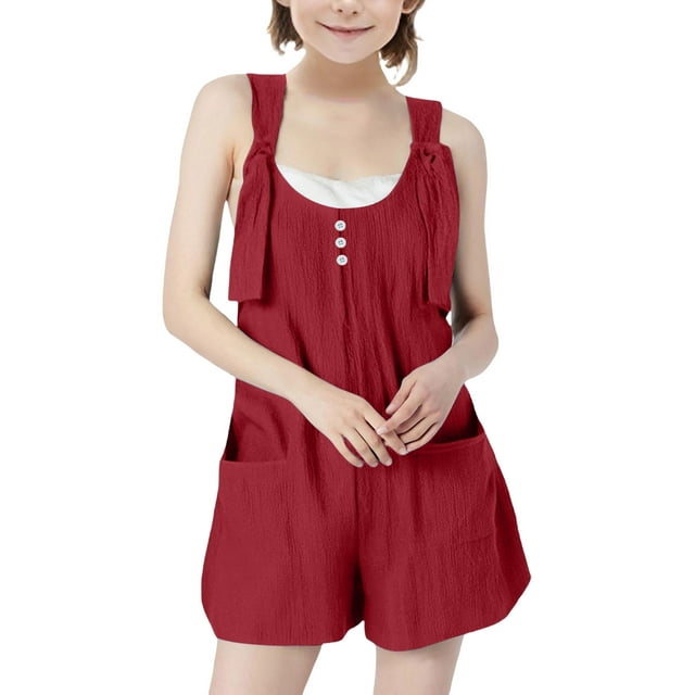 Swstbby Économies d'Été en Liquidation! Combinaisons d'Été pour Filles, Combinaisons Courtes à Bretelles Sans Manches Amples Rouges 5-6 Ans