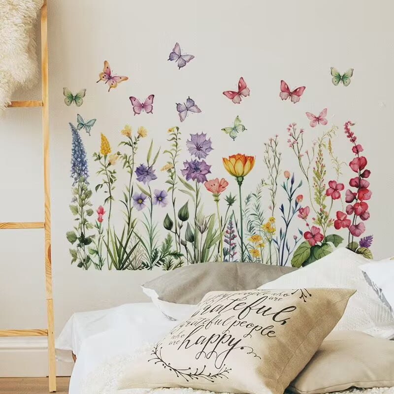Watercolor Floral Wall Decals, Garden Flowers and Butterflies Wall Stickers, Pink Purple Yellow Nursery Room Decorations