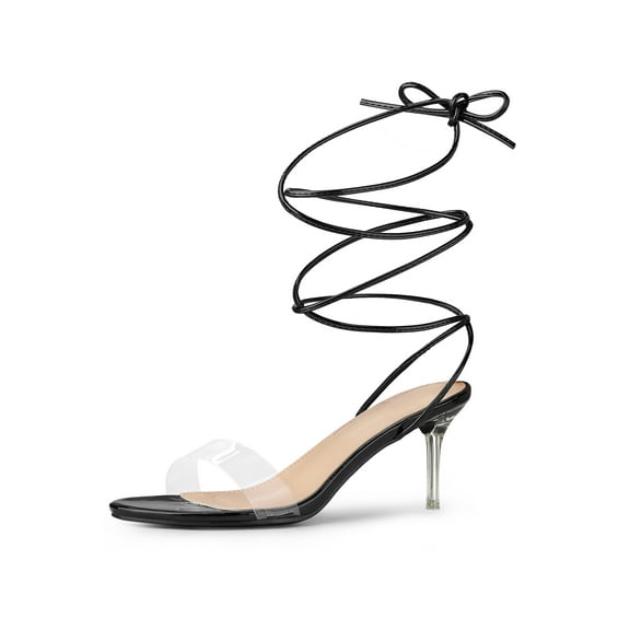 BLISSFUL STEP Women's Clear Strap Lace Up Clear Stiletto Heel Sandals Black 7