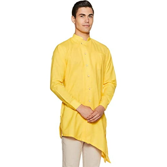 Devyom Men's Cotton Angrakha Kurta (098-D-CUT-KURTA-YELLOW-42_Yellow_Large)