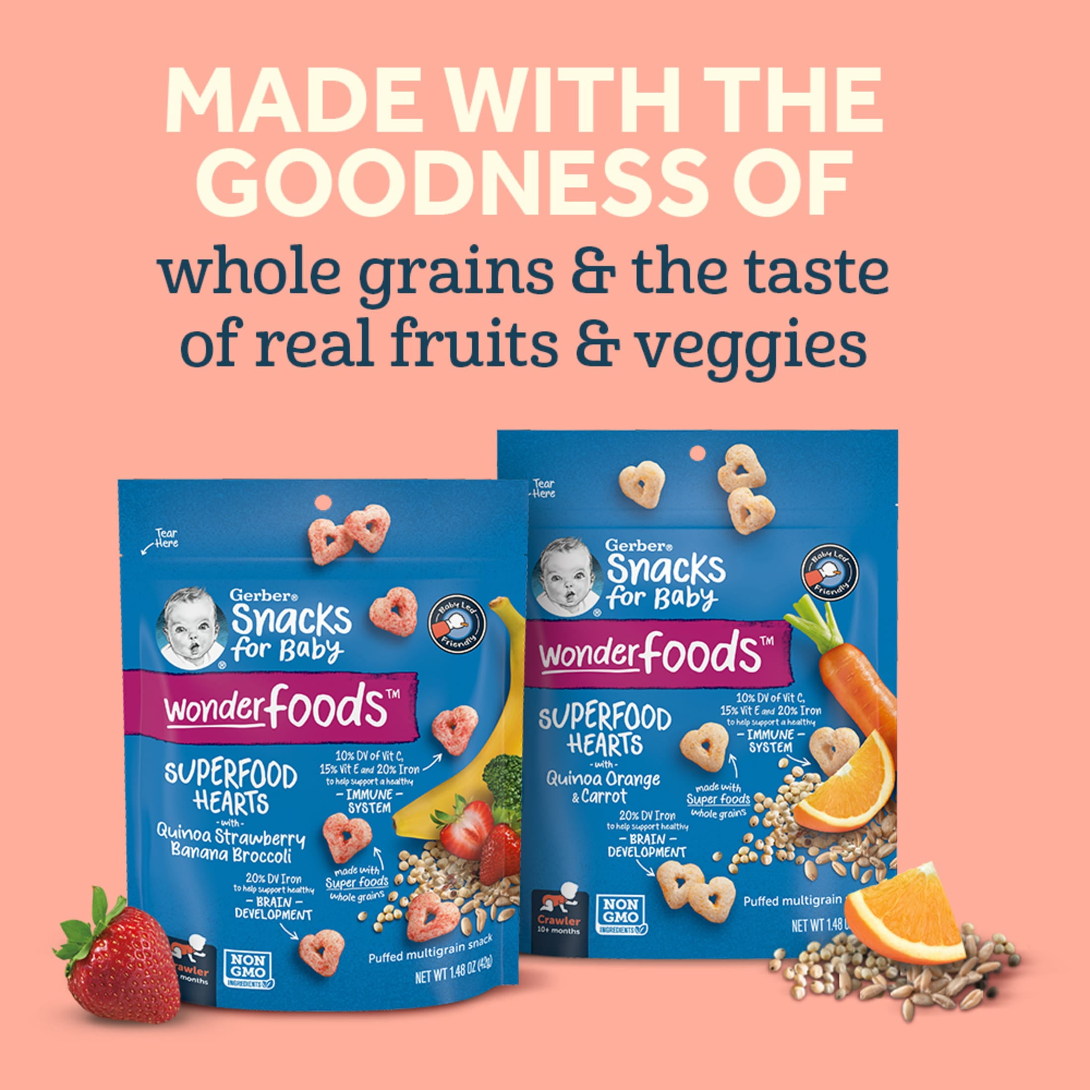 Gerber SuperFoods Hearts Quinoa Banana Strawberry Broccoli Baby Snacks, 1.48 oz Bag