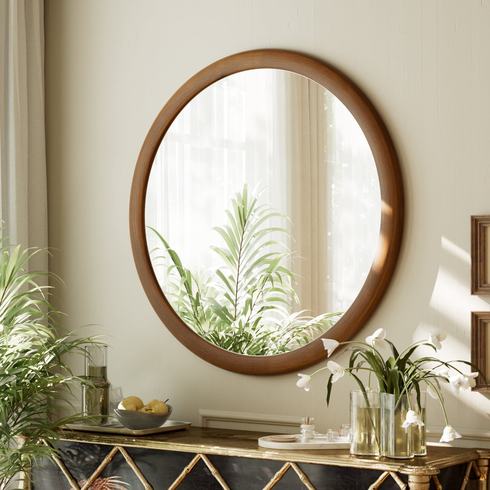 Easy4Home 24" x 24" Round Bathroom Mirror Wall Decor with Wooden Frame, Walnut