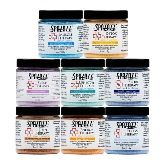 RX Therapy Hot Tub Spa and Bath Aromatherapy Salt Crystals 4oz 8 Pack Sample Bundle Includes Muscle - Joint - Detox - Stress - Respiratory - Sport -Sleep - Energy. Great for Muscles & Joints