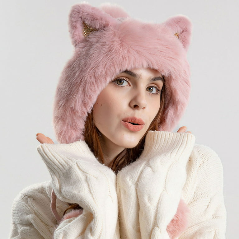 Pink Winter Cute Cute Faux Pom Hat Cool Knit Warm Biziza Weather Beanie Women Cap Fur Pom Womens Winter for Ears Fleece Cold Skull Lined Sequin Soft