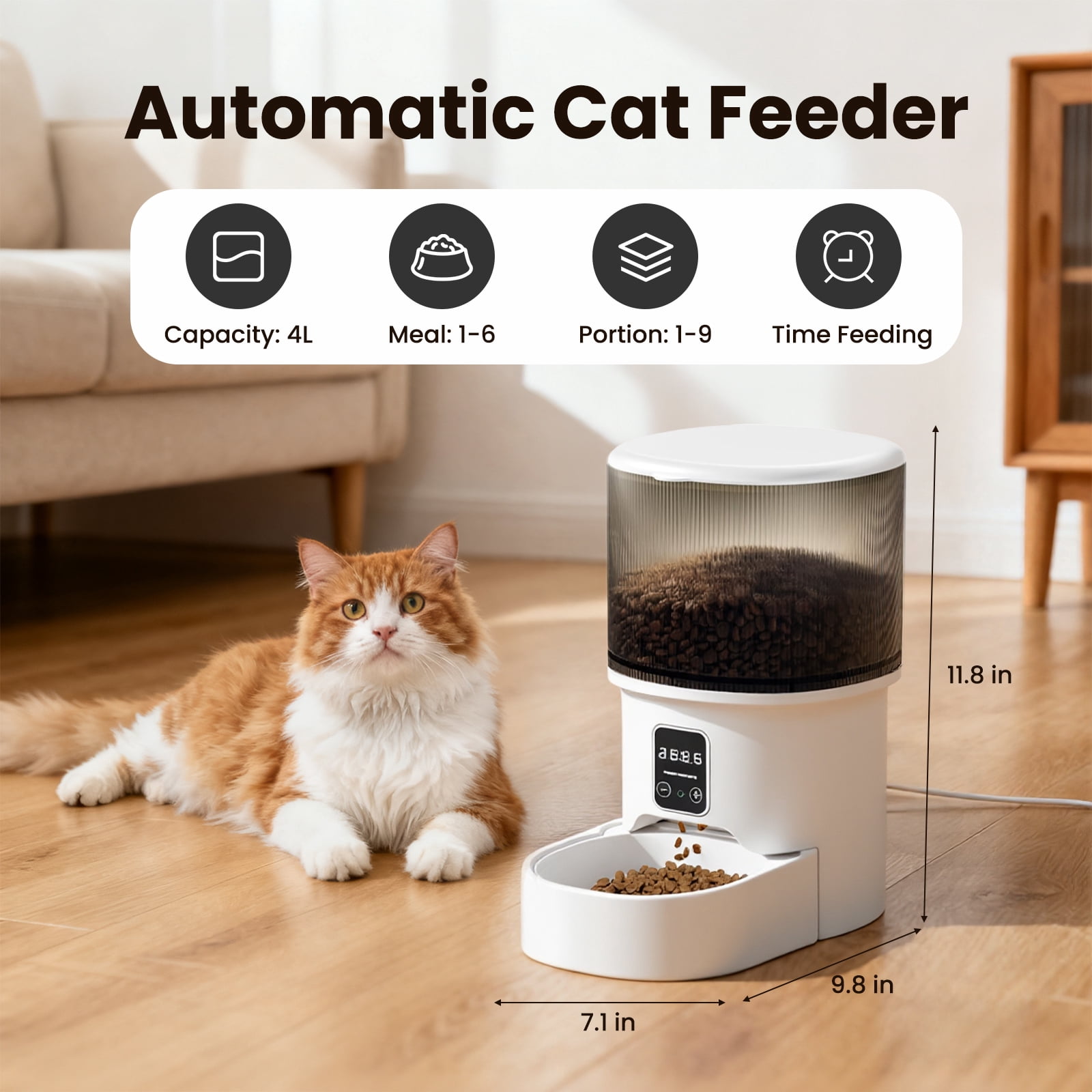 Automatic Cat Feeder, 4L Timed Cat Food Dispenser, Programmable Portion Control, Dual Power Smart Pet Feeder for Cats & Small Dogs, White