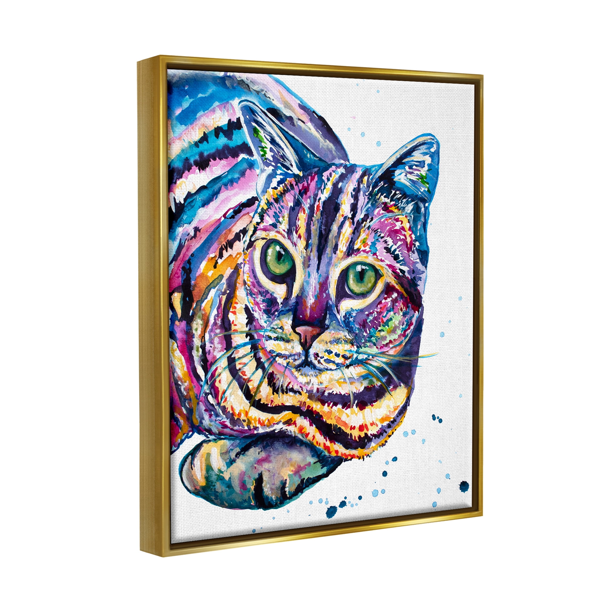 Stupell Fun Striped Rainbow Cat Portrait Animals & Insects Painting Gold Floater Framed Art Print Wall Art