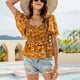 thumbnail image 4 of Bienvenido Camiseta de manga corta con estampado floral y dobladillo con volantes y cintura elástica sin espalda para mujer, color naranja M, 4 of 7