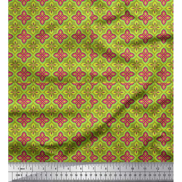 Soimoi Green Georgette Viscose Fabric Moroccan Damask Print Sewing Fabric Yard 44 Inch Wide