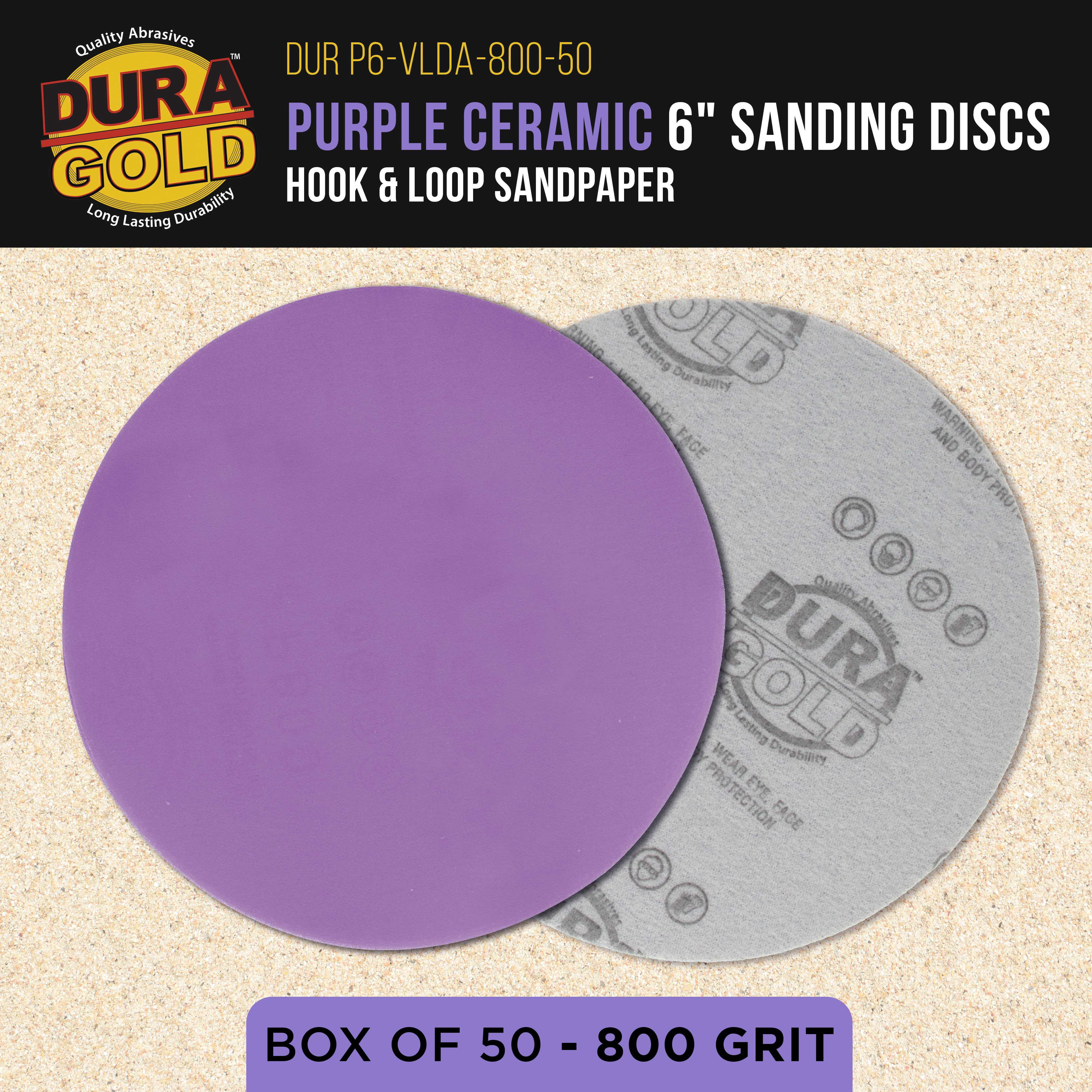 Dura-Gold Premium 800 Grit 6" Purple Film Ceramic Sanding Discs, Box of 50 - Hook & Loop Backing Sandpaper for DA & Random Orbital Sanders - Fast Sharp-Cut Abrasive, Sand Auto Paint, Woodworking
