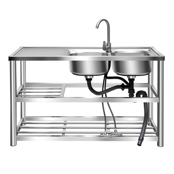 TFCFL Commercial Stainless Steel Sink Freestanding Kitchen Utility Sink 2 Compartment   Prep Table