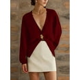 thumbnail image 6 of Womens Cardigan Sweater Deep V Neck Long Sleeve Button Crochet Knit Short Fall Sweaters Trendy Wine Red M, 6 of 10