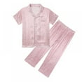 thumbnail image 1 of Summer Kids Girl Pure Color Imitate Silk Pajamas Short Sleeve Blouse Short Pants Sleepwear Suit ,5-14 Years, 1 of 9