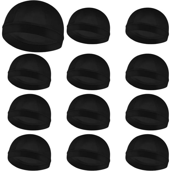 12Pcs Wave Cap for Men, Silky Durags Elastic Band Wave Caps for 360 540 720 Waves Soft Breathable Satin Durag Unisex Adults Kids Skullies Beanies Hats Shower Cap Black