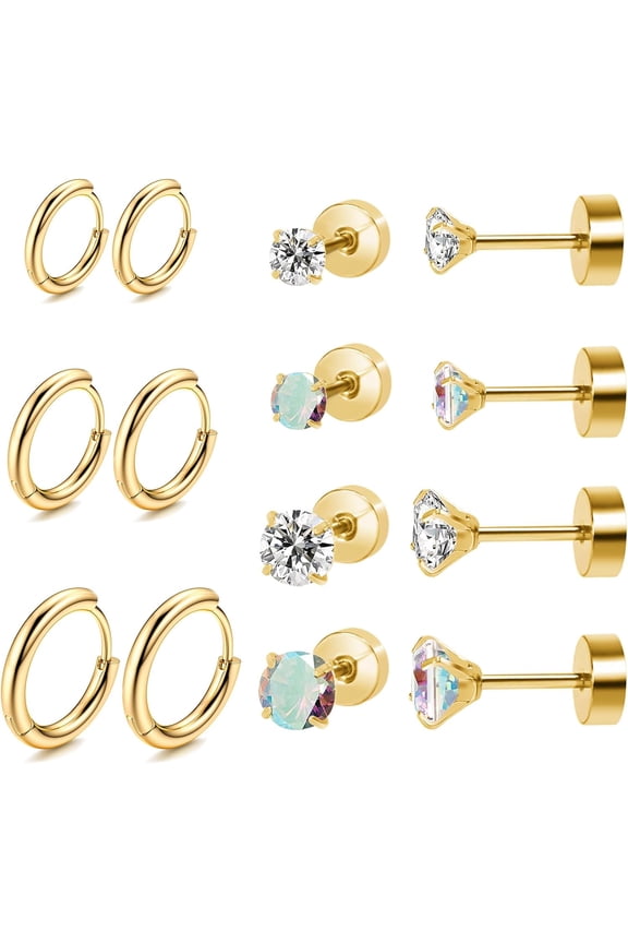 Titanium Earrings For Sensitive Ears, Flat Back Stud Earrings Hoop Earrings Set For Women, Hypoallergenic Surgical Stainless Steel Cubic Zirconia Earrings Stud Earrings Set For Cartilage Hel[Z3163]