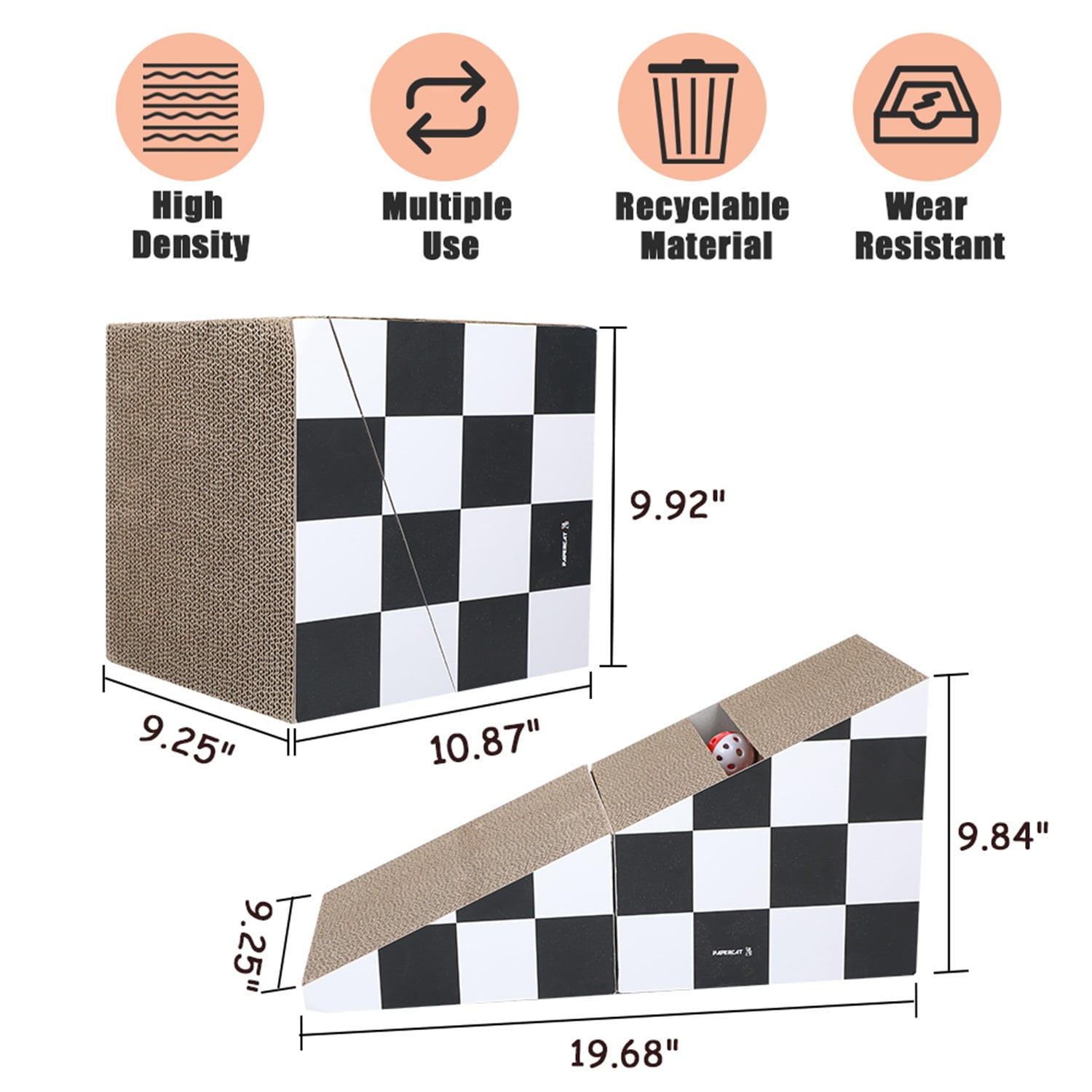 Pefilos 19" Cat Scratcher Board with Ball, Triangle Cat Scratching Cardboard, 2-in-1 Scratching Lounge Bed, Recyclable and Durable, Black and White Pefilos 19" Cat Scratcher Board with Ball, Triangle Cat Scratching Cardboard, 2-in-1 Scratching Lounge Bed, Recyclable and Durable, Black and White