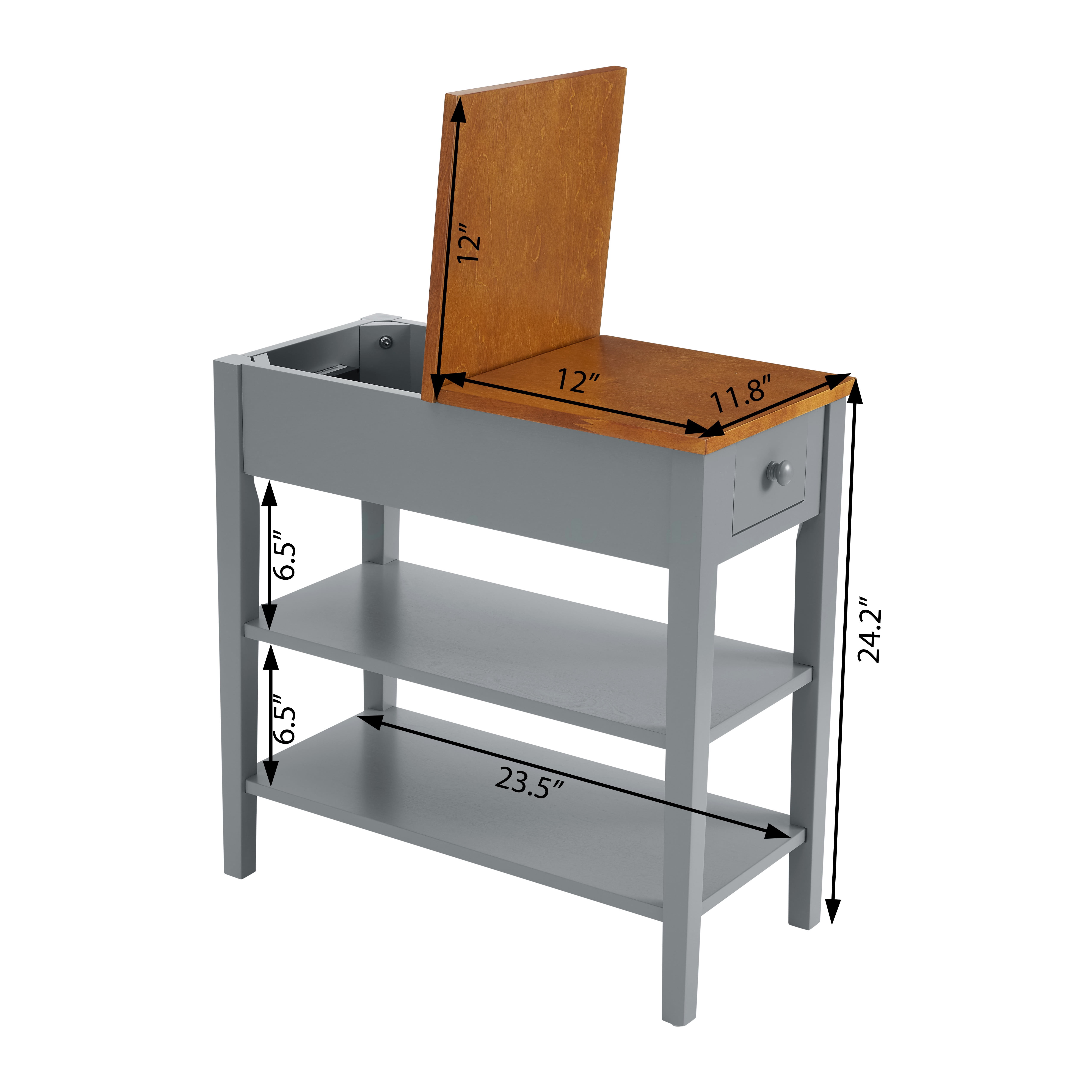 PORKISS End Table, Wooden Night Stand with USB Charging Ports and Open Shelves, Narrow Beside Table with Drawer, Flip Top and Solid Wood Legs, Modern Side Table for Living Room Bedroom, Gray/Walnut